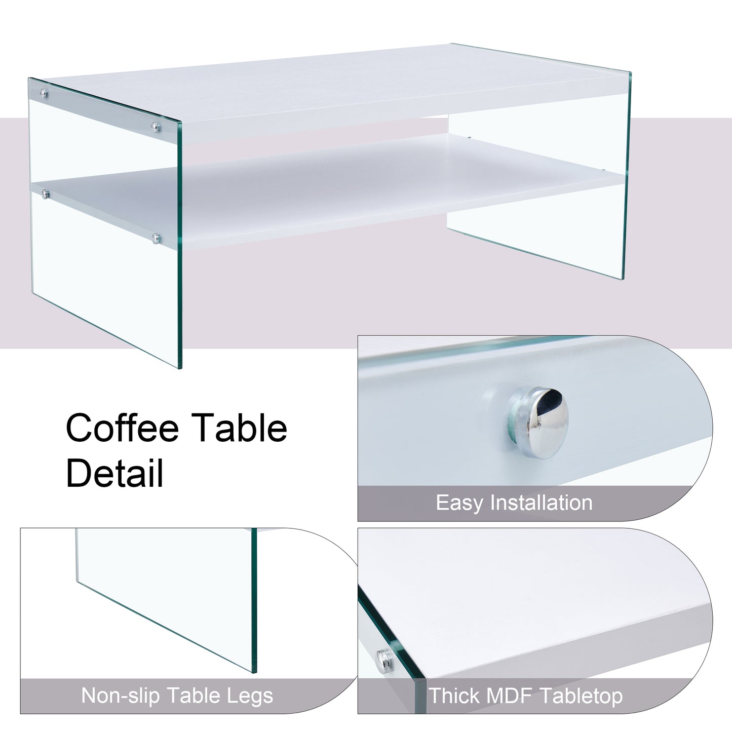 Double rectangular coffee table. The board surface is MDF, with white stickers, and both sides are transparent tempered glass. Suitable for living room, bedroom and other occasions.