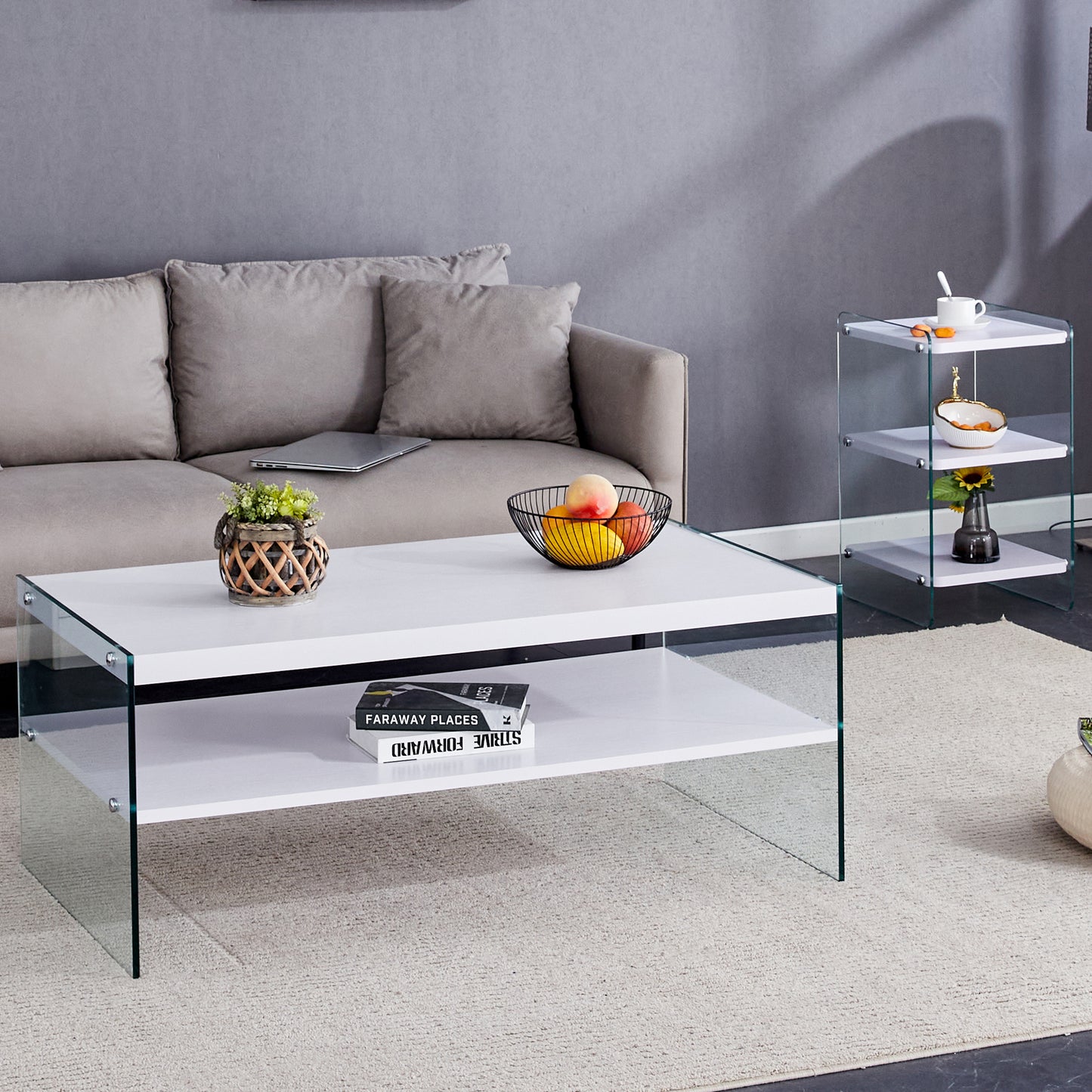 Double rectangular coffee table. The board surface is MDF, with white stickers, and both sides are transparent tempered glass. Suitable for living room, bedroom and other occasions.