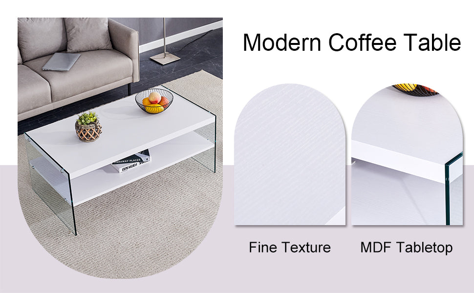 Double rectangular coffee table. The board surface is MDF, with white stickers, and both sides are transparent tempered glass. Suitable for living room, bedroom and other occasions.