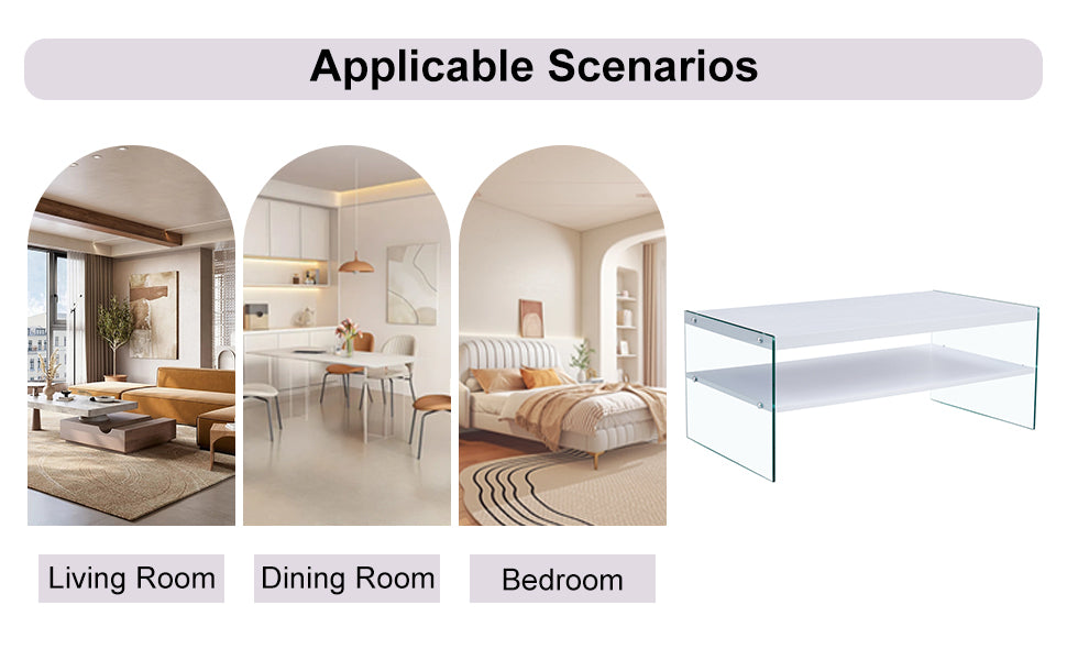 Double rectangular coffee table. The board surface is MDF, with white stickers, and both sides are transparent tempered glass. Suitable for living room, bedroom and other occasions.