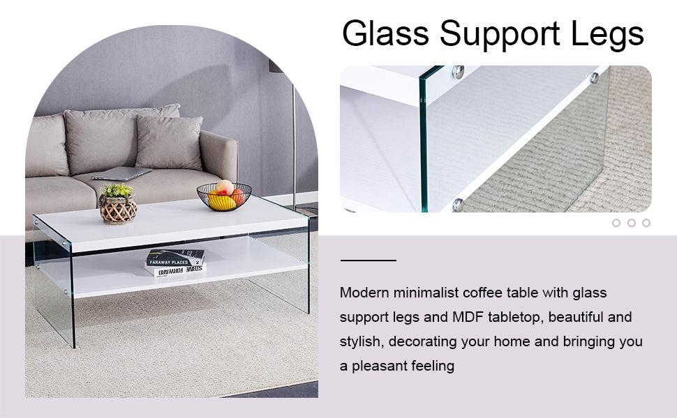 Double rectangular coffee table. The board surface is MDF, with white stickers, and both sides are transparent tempered glass. Suitable for living room, bedroom and other occasions.