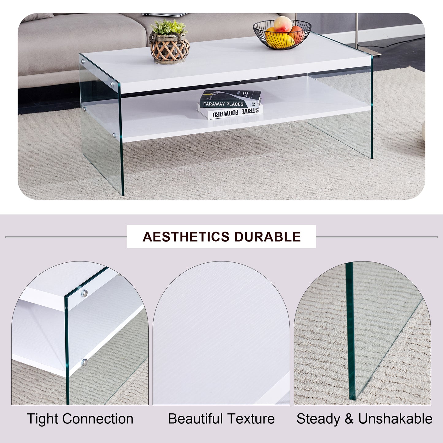 Double rectangular coffee table. The board surface is MDF, with white stickers, and both sides are transparent tempered glass. Suitable for living room, bedroom and other occasions.