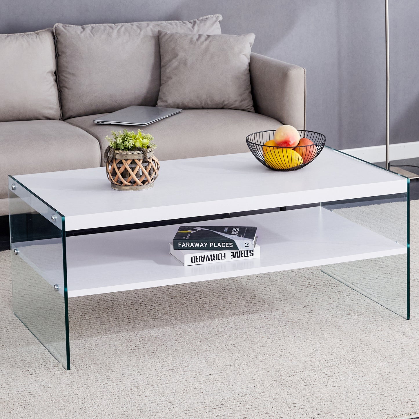 Double rectangular coffee table. The board surface is MDF, with white stickers, and both sides are transparent tempered glass. Suitable for living room, bedroom and other occasions.