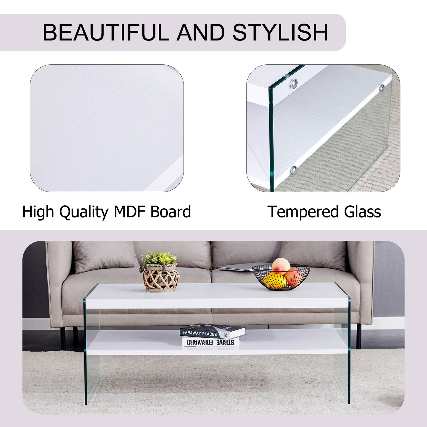 Double rectangular coffee table. The board surface is MDF, with white stickers, and both sides are transparent tempered glass. Suitable for living room, bedroom and other occasions.