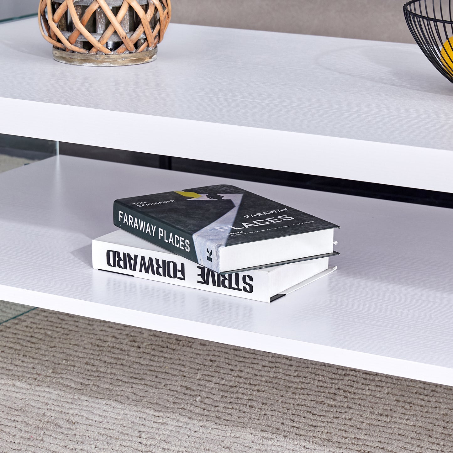 Double rectangular coffee table. The board surface is MDF, with white stickers, and both sides are transparent tempered glass. Suitable for living room, bedroom and other occasions.