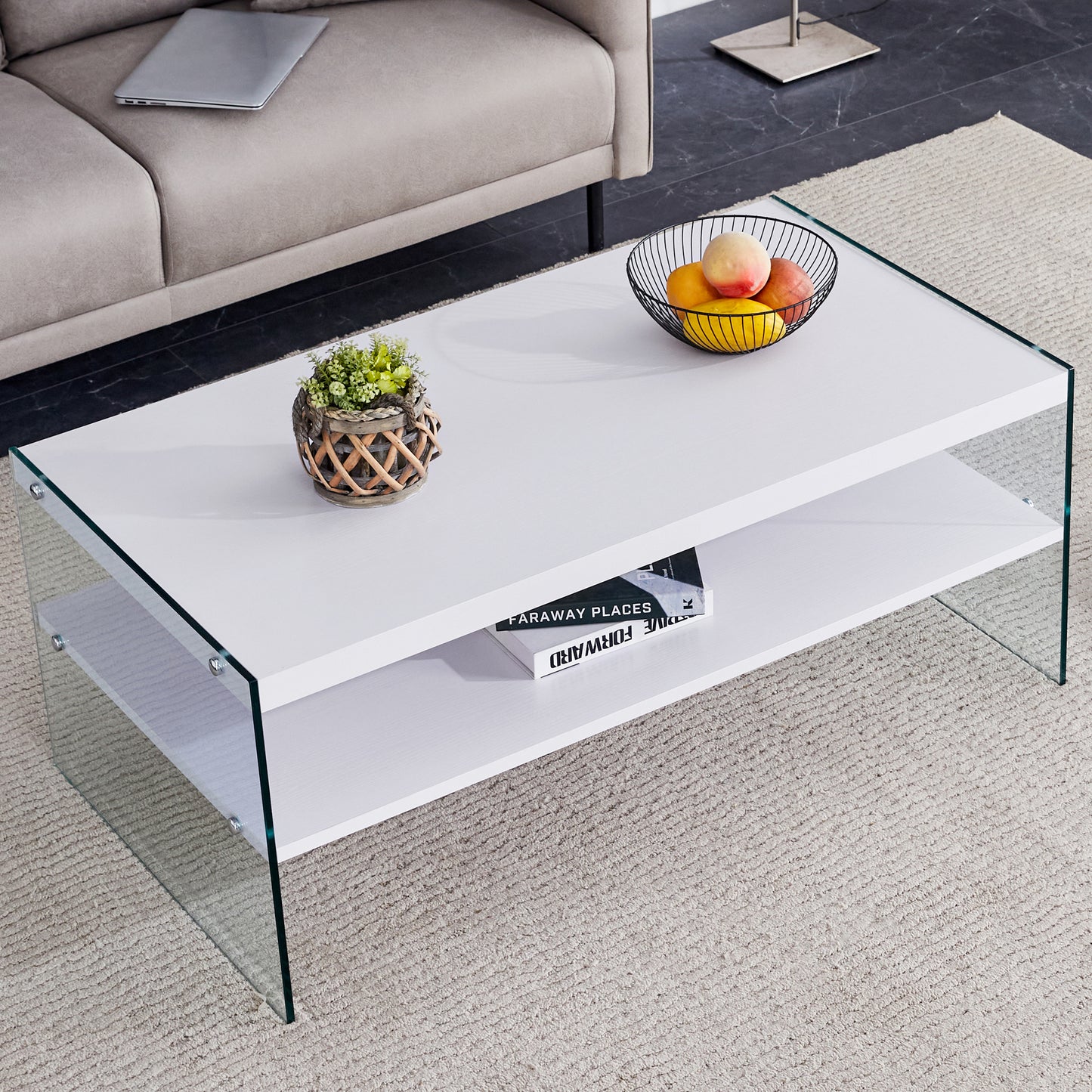 Double rectangular coffee table. The board surface is MDF, with white stickers, and both sides are transparent tempered glass. Suitable for living room, bedroom and other occasions.