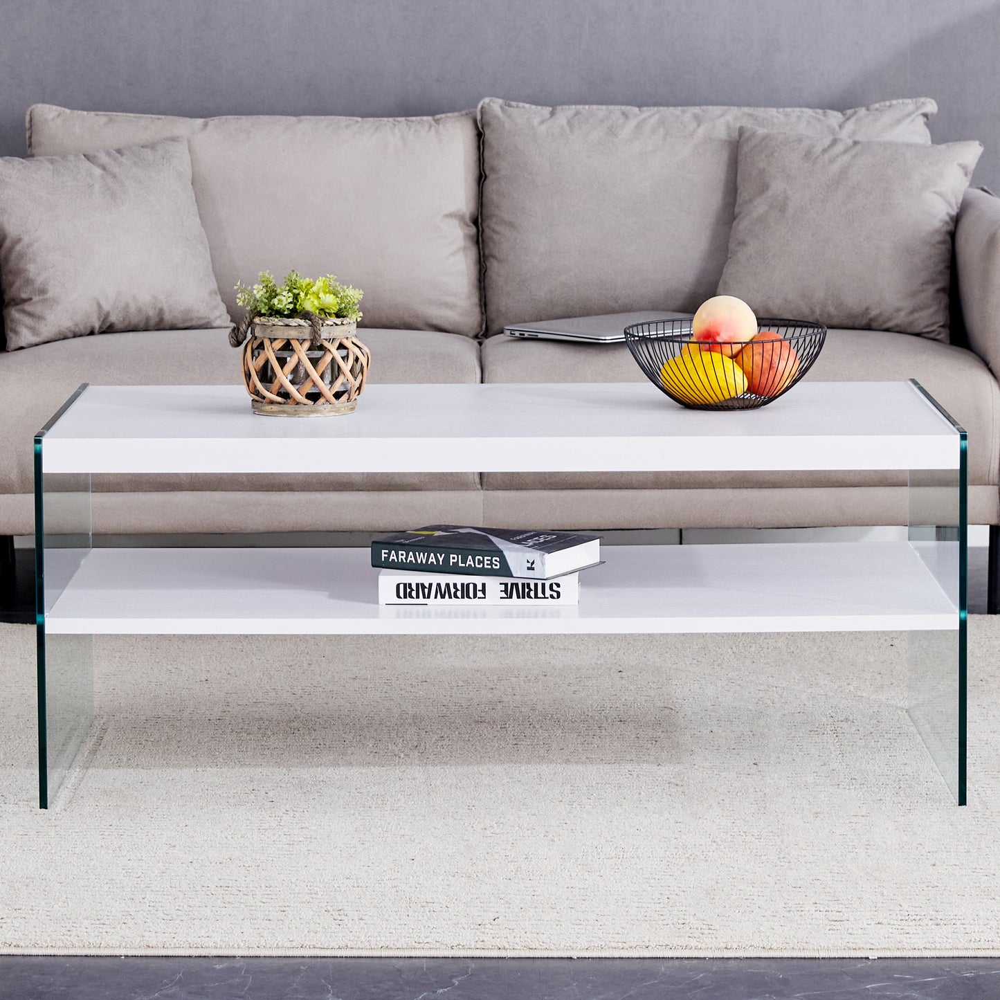 Double rectangular coffee table. The board surface is MDF, with white stickers, and both sides are transparent tempered glass. Suitable for living room, bedroom and other occasions.