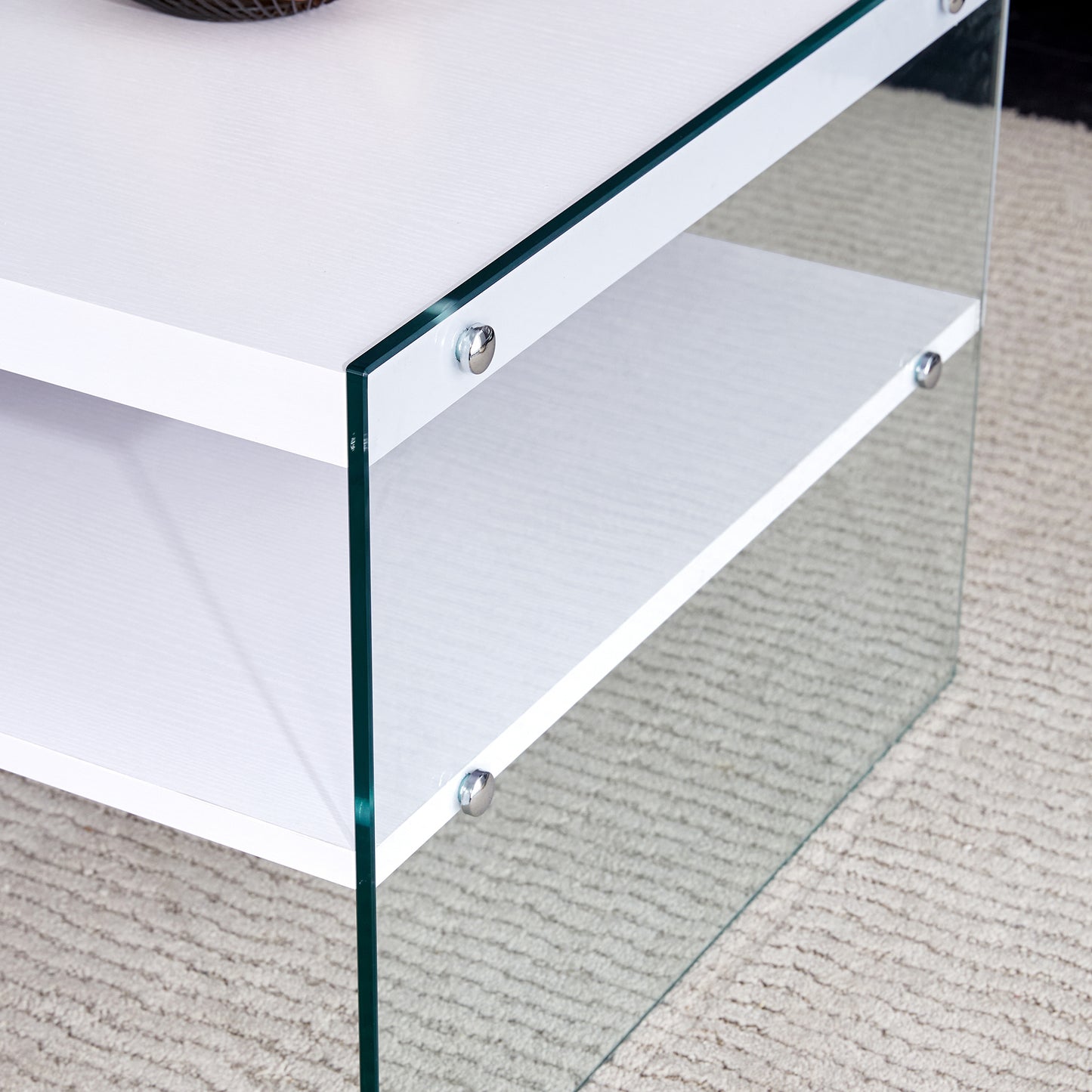 Double rectangular coffee table. The board surface is MDF, with white stickers, and both sides are transparent tempered glass. Suitable for living room, bedroom and other occasions.