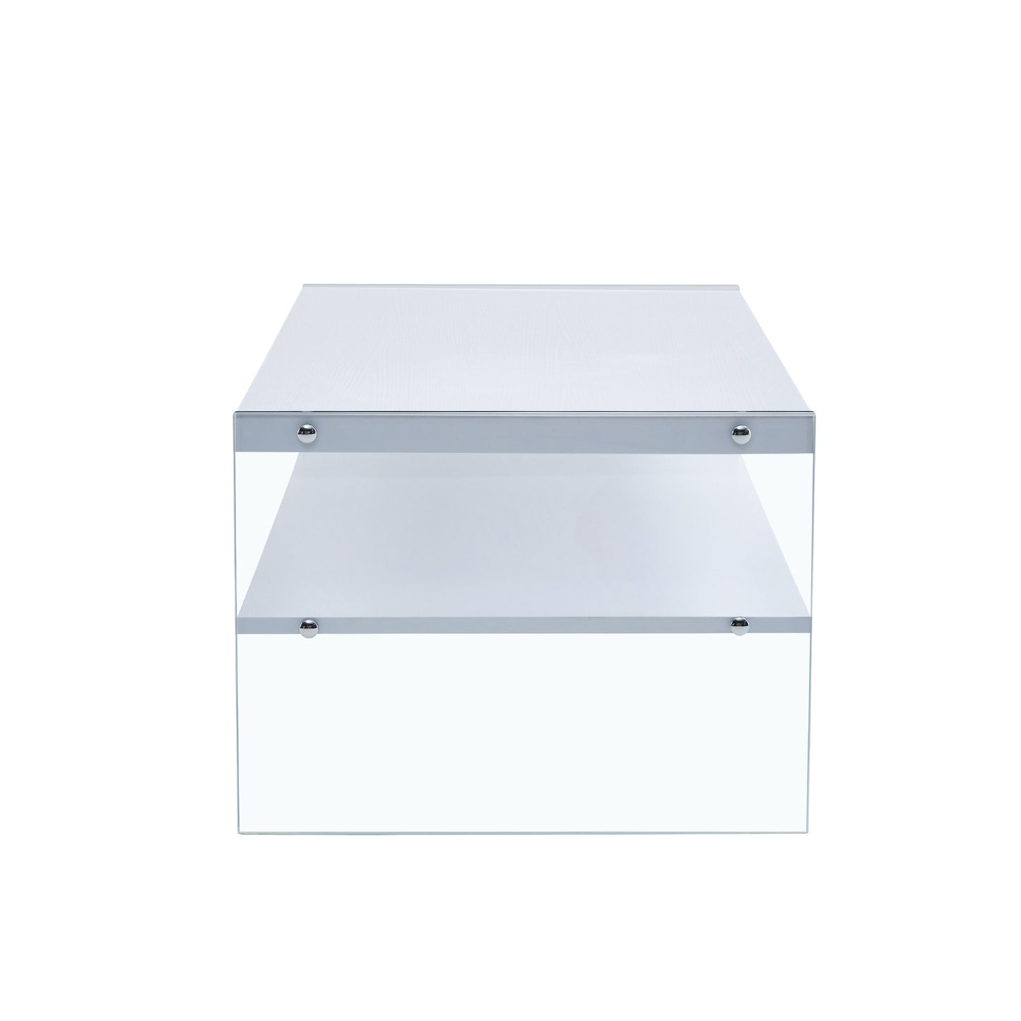 Double rectangular coffee table. The board surface is MDF, with white stickers, and both sides are transparent tempered glass. Suitable for living room, bedroom and other occasions.