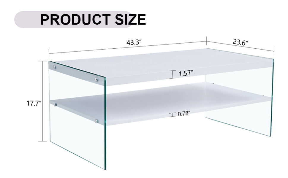 Double rectangular coffee table. The board surface is MDF, with white stickers, and both sides are transparent tempered glass. Suitable for living room, bedroom and other occasions.