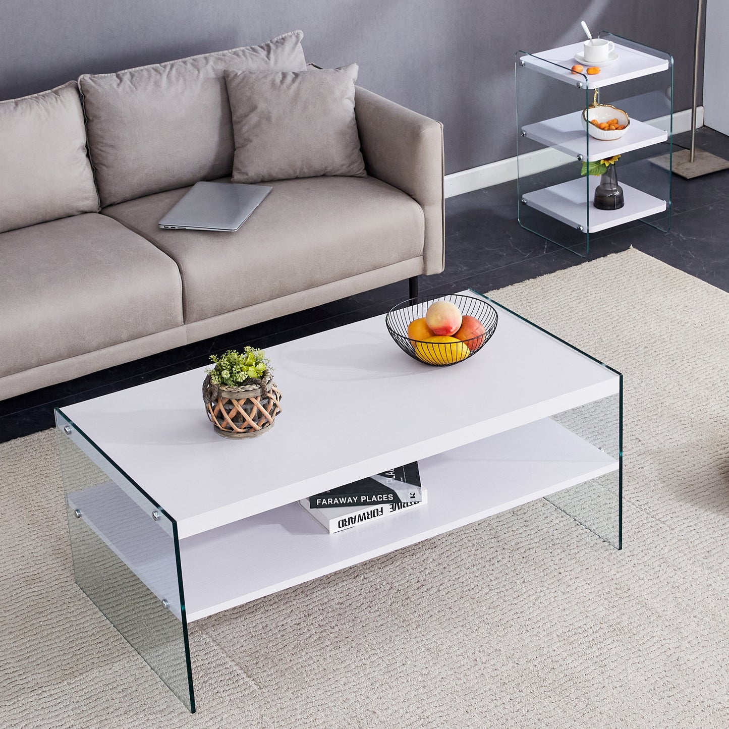 Double rectangular coffee table. The board surface is MDF, with white stickers, and both sides are transparent tempered glass. Suitable for living room, bedroom and other occasions.
