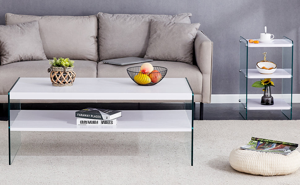 Double rectangular coffee table. The board surface is MDF, with white stickers, and both sides are transparent tempered glass. Suitable for living room, bedroom and other occasions.