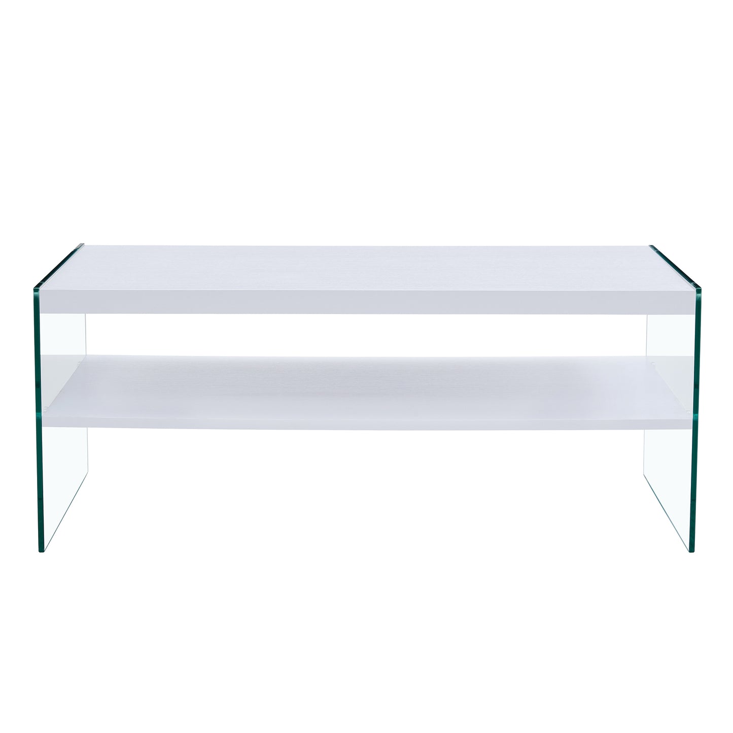 Double rectangular coffee table. The board surface is MDF, with white stickers, and both sides are transparent tempered glass. Suitable for living room, bedroom and other occasions.