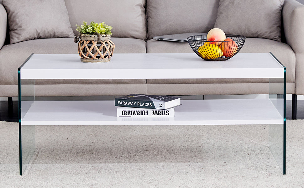 Double rectangular coffee table. The board surface is MDF, with white stickers, and both sides are transparent tempered glass. Suitable for living room, bedroom and other occasions.