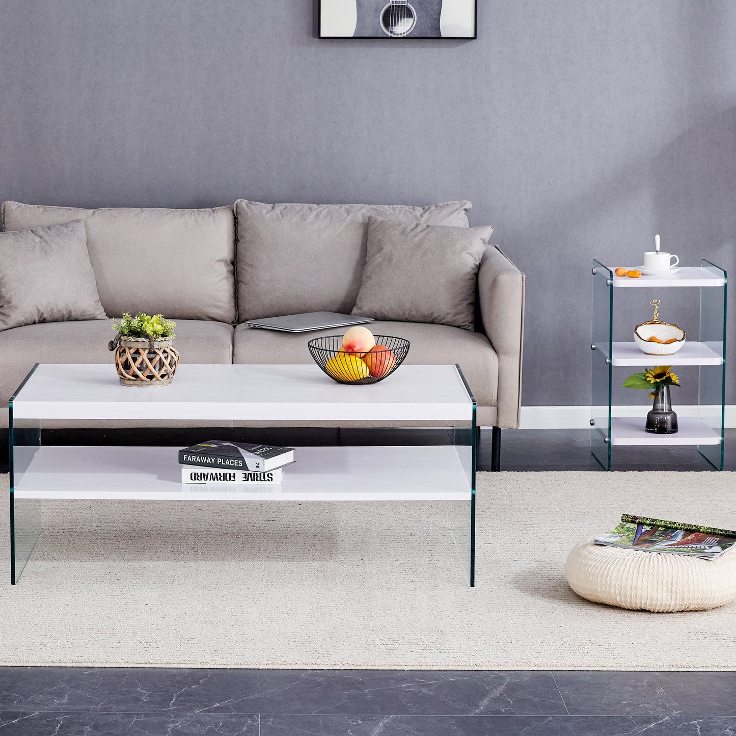 Double rectangular coffee table. The board surface is MDF, with white stickers, and both sides are transparent tempered glass. Suitable for living room, bedroom and other occasions.