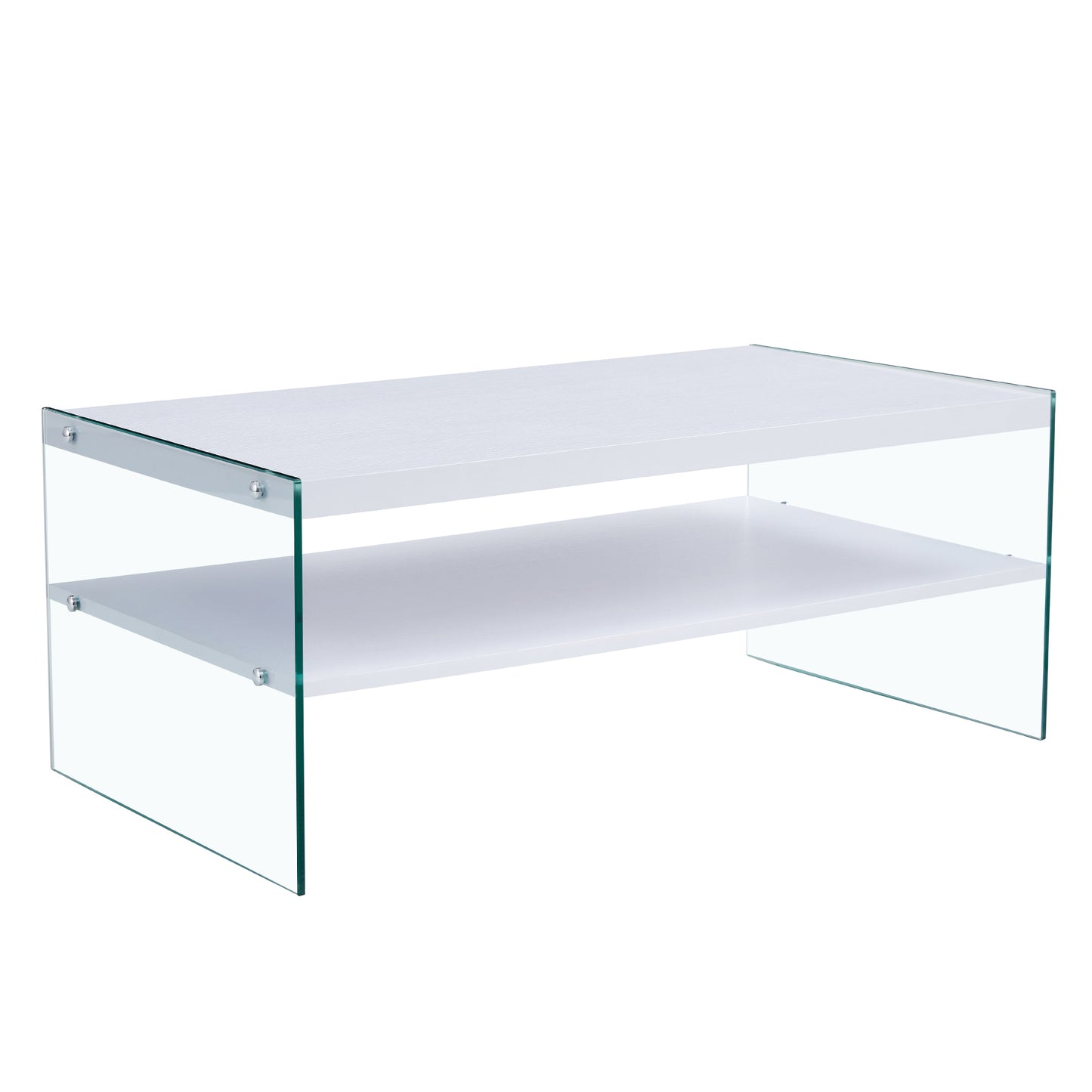 Double rectangular coffee table. The board surface is MDF, with white stickers, and both sides are transparent tempered glass. Suitable for living room, bedroom and other occasions.