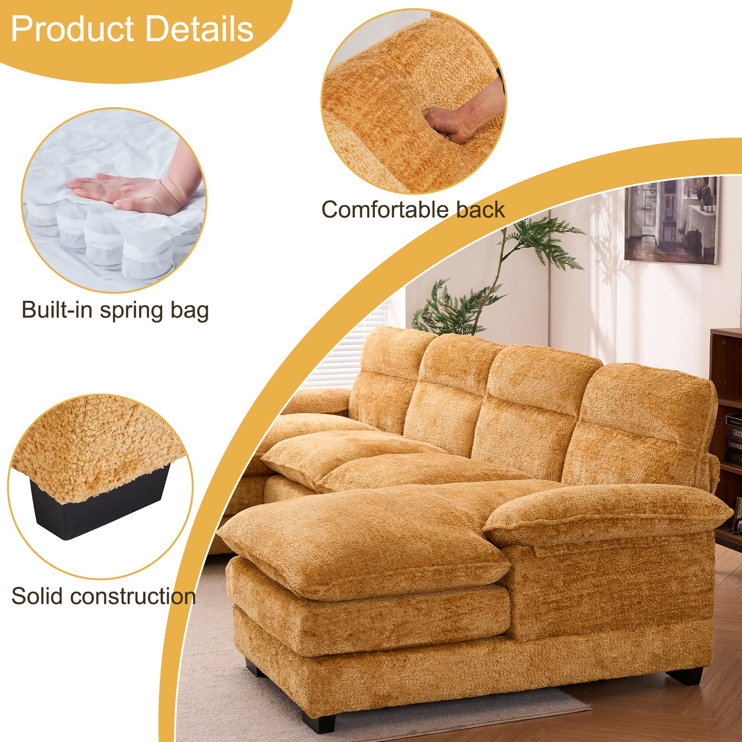 U-shaped profile sofa, including two single seats and two chaise, modular sofa, Chenille sofa,Yellow