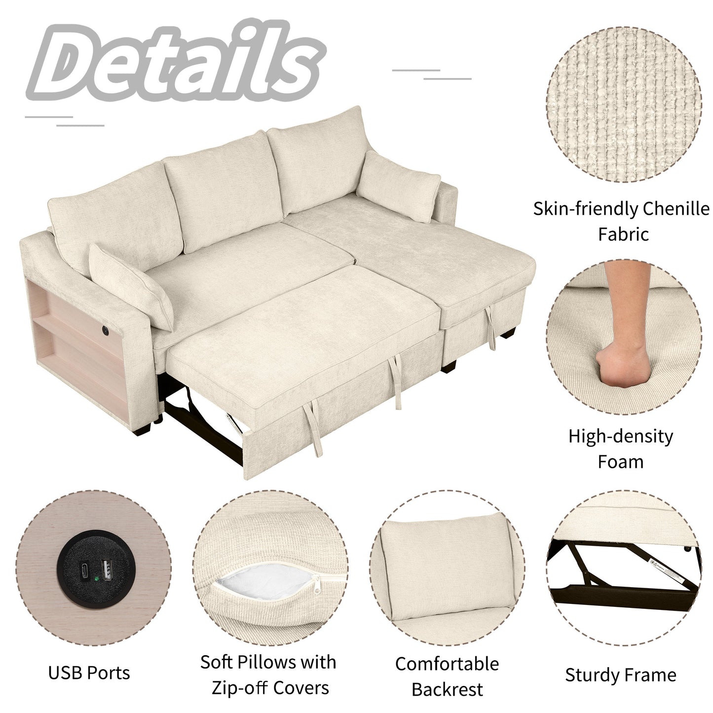 90" Pull Out Sleeper Sofa L-Shaped Couch Convertible Sofa Bed with Storage Chaise, Storage Racks and USB Ports (SG001340AA), Beige