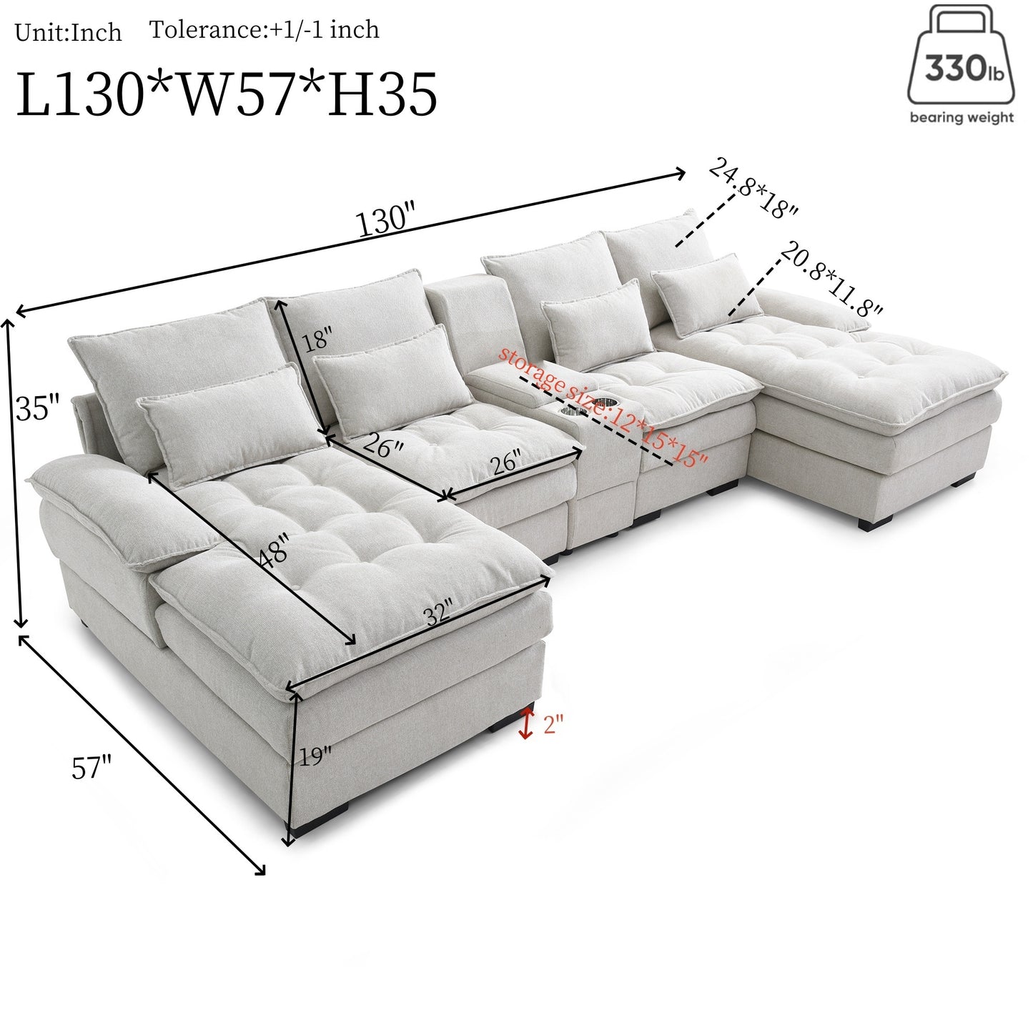 130" U-shaped Sofa with Console,Cupholders,6-seat Upholstered primary living space Furniture,Sleeper Couch Set with Chaise for Living Room,Apartment, (White)