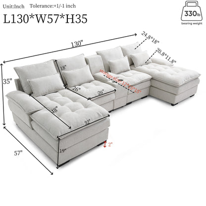 130" U-shaped Sofa with Console,Cupholders,6-seat Upholstered primary living space Furniture,Sleeper Couch Set with Chaise for Living Room,Apartment, (White)