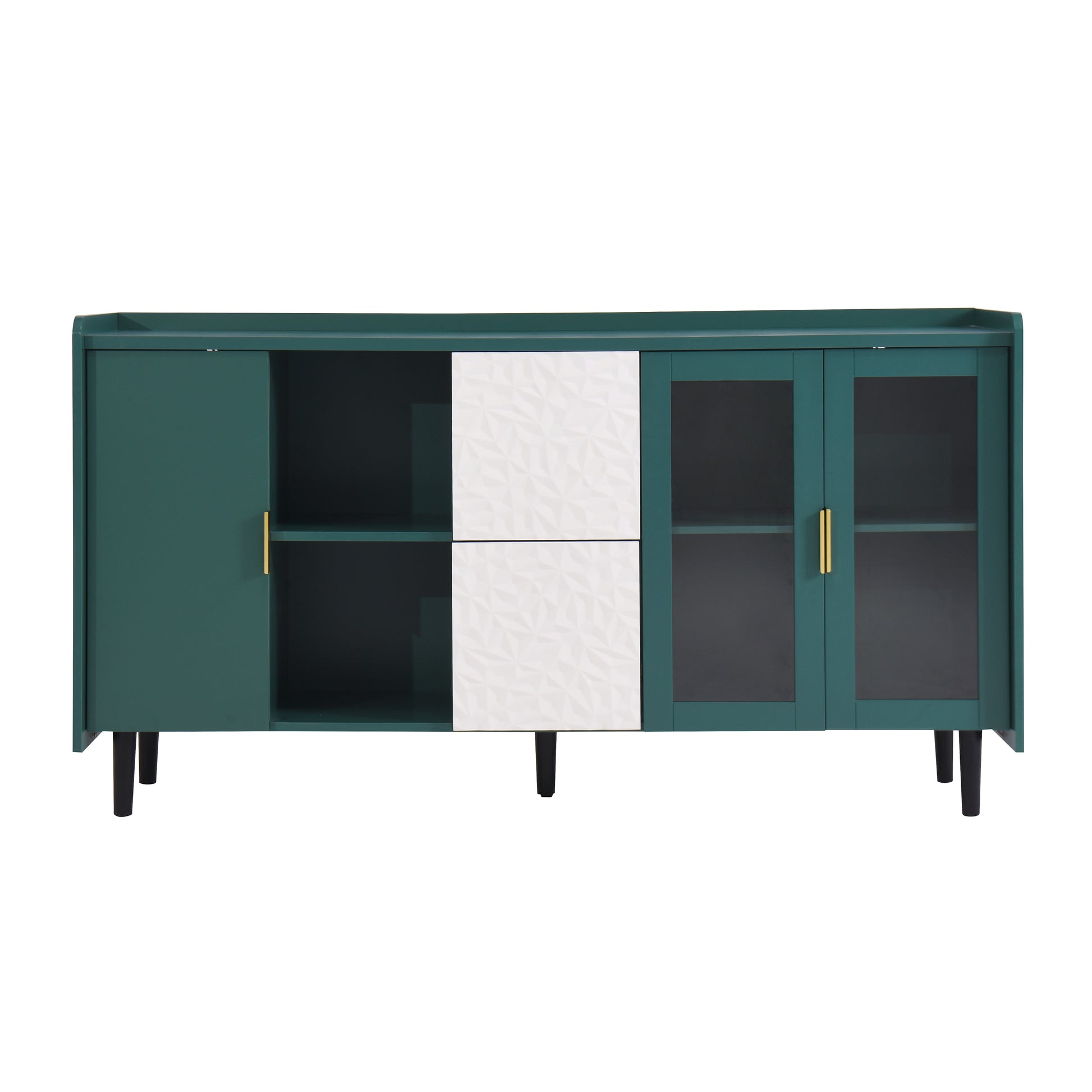 Modern Kitchen Pantry Storage Cabinet , 55" Coffee Bar Storage Cabinet with 2 Drawers, 2 Open Storage Compartment & 2 Glass Doors, Wood Buffet Table for Kitchen, Living Room, Green