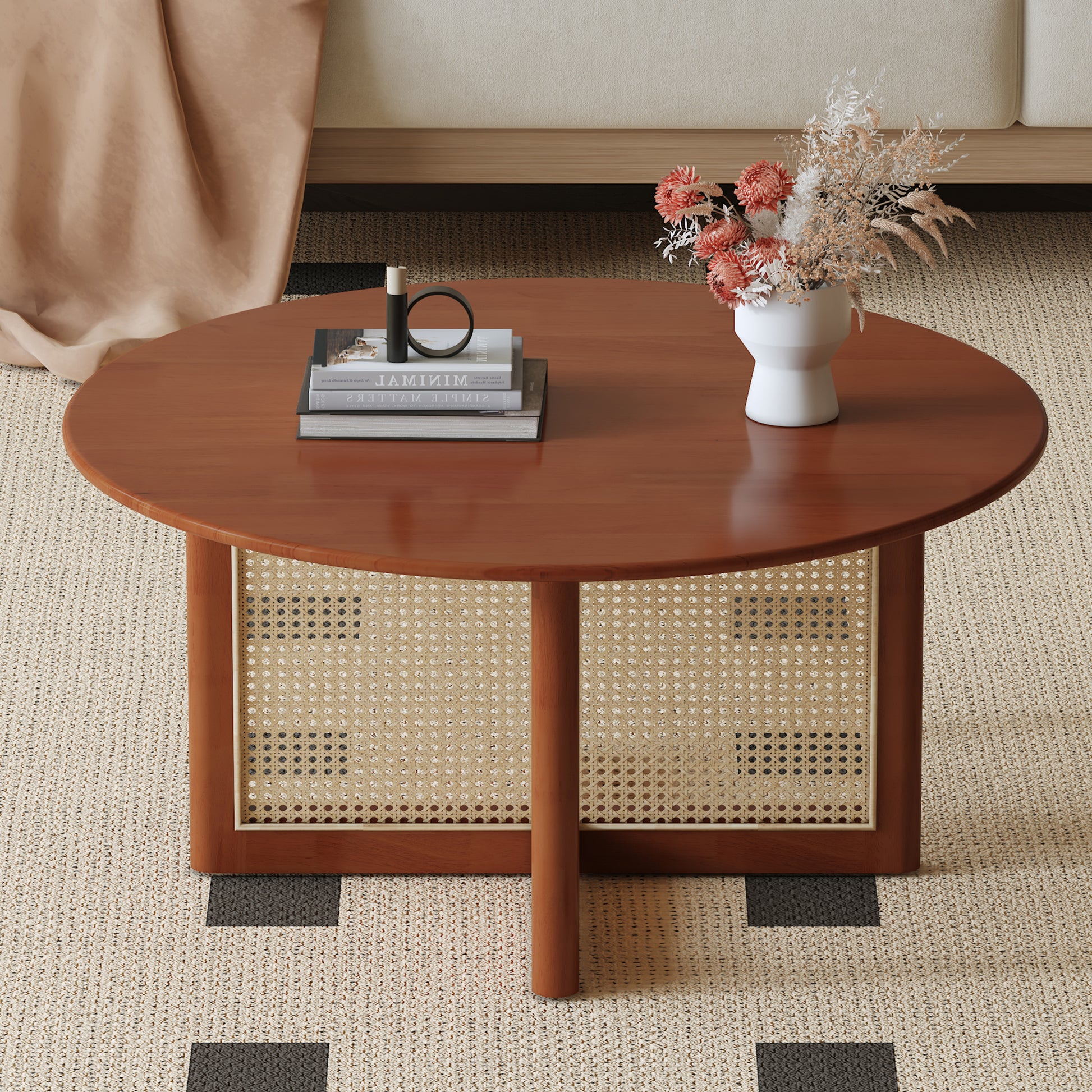 A natural and elegant deep red wooden coffee table with artificial rattan decorations, perfect for a fashionable living room and comfortable tea drinking time