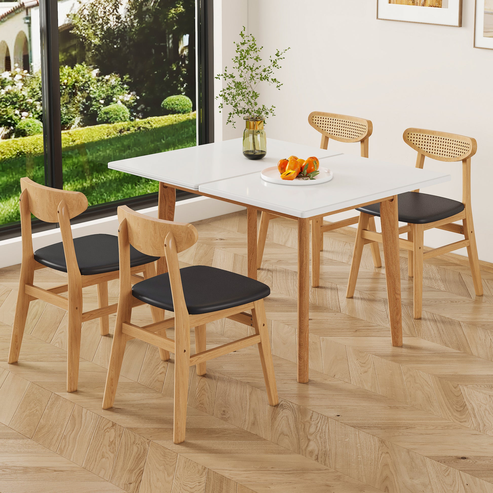 Table and chair set. White sintered stone tabletop, rubberwood legs, foldable computer desk, foldable desk. Solid wood dining chair with small curved backrest and PU cushions. ZD-1545 DX-2361