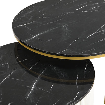 Modern Round Nesting Coffee Table Fluted with Drawer in Black & Gold in 31.5''