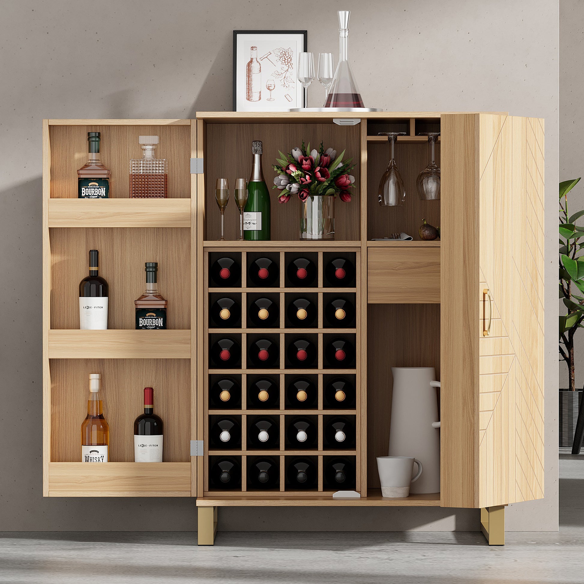 42.5" Modern Home Bar Cabinet Carved Wine Cabinet with Storage