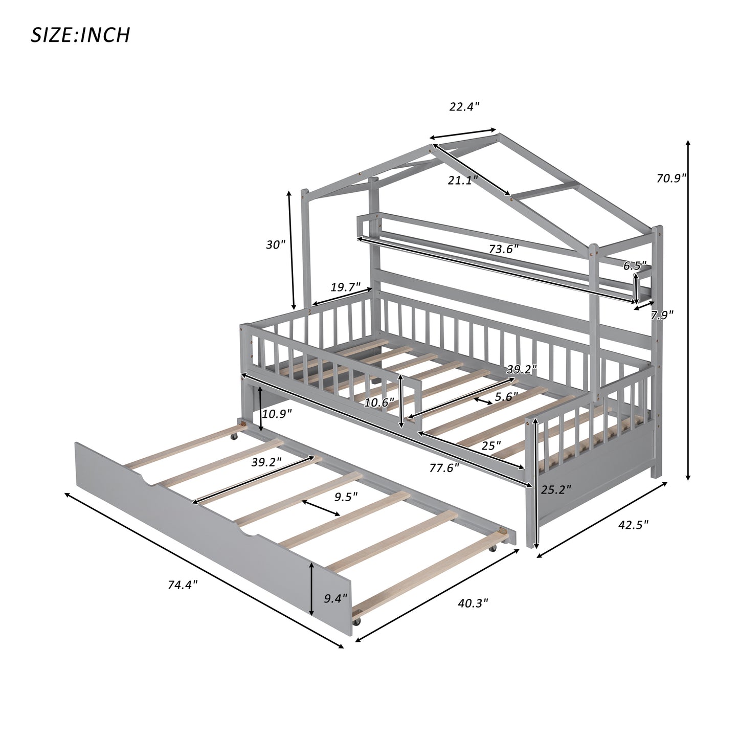 Wooden Twin Size House Bed with Trundle,Kids Bed with Shelf, Gray