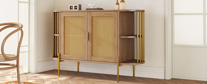 TREXM 2-Door Elegant Curved Dining Cabinet with Gold Trim and Woven Rattan Doors for Dining Room (Natural)