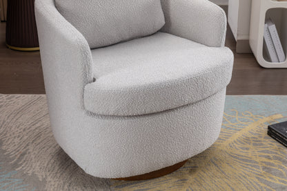 035-Boucle Fabric Swivel Accent Chair With Soild Wood Round Brown Base Leg,Light Gray