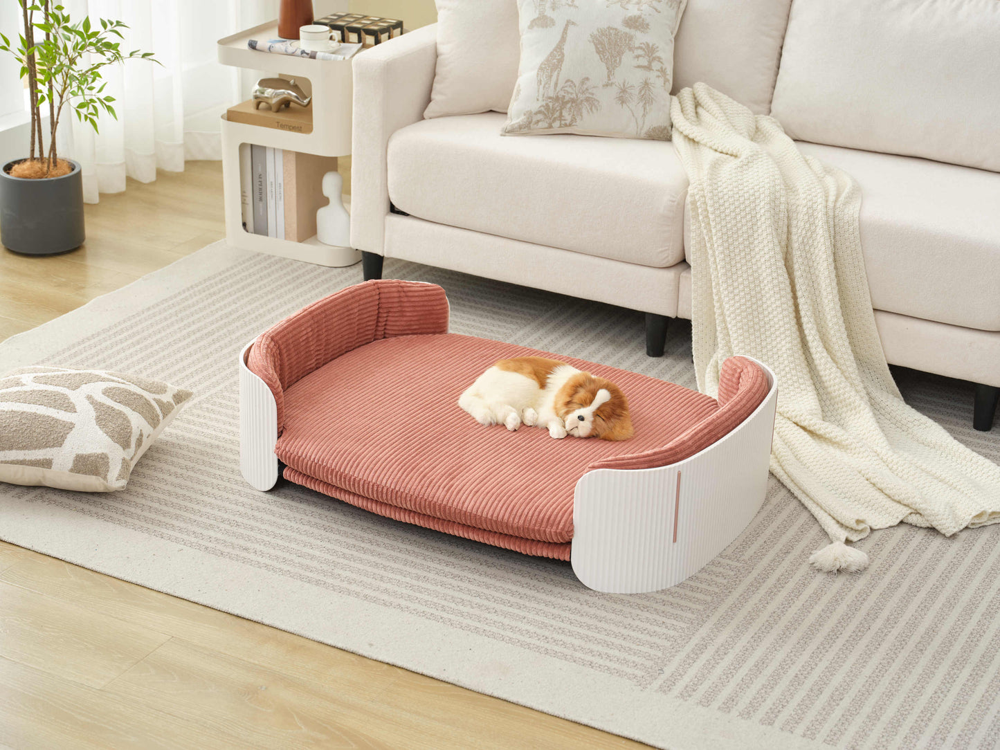 Scandinavian style Cat Couch Bed, Pet Sofa for Indoor Cats PP Indoor Pet Furniture Elevated Cat Beds with Removable Mattress Cover Suitable for Mid or Large  Animal Brand Design White+Pink