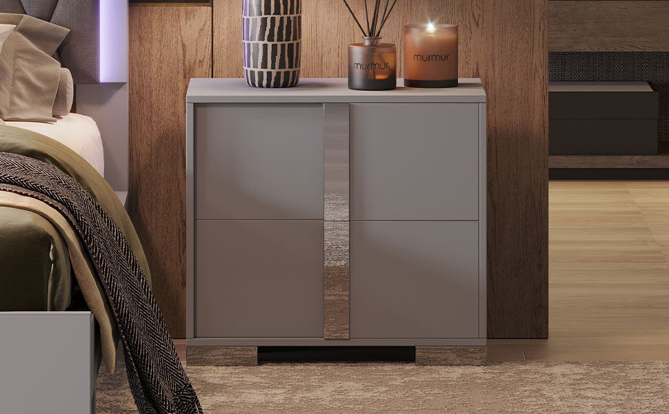 Elegant Nightstand with Metal Handle,Mirrored Bedside Table with 2 Drawers for Bedroom,Living Room,Grey