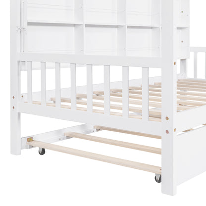 Wooden Twin Size House Bed with Trundle,Kids Bed with Shelf, White