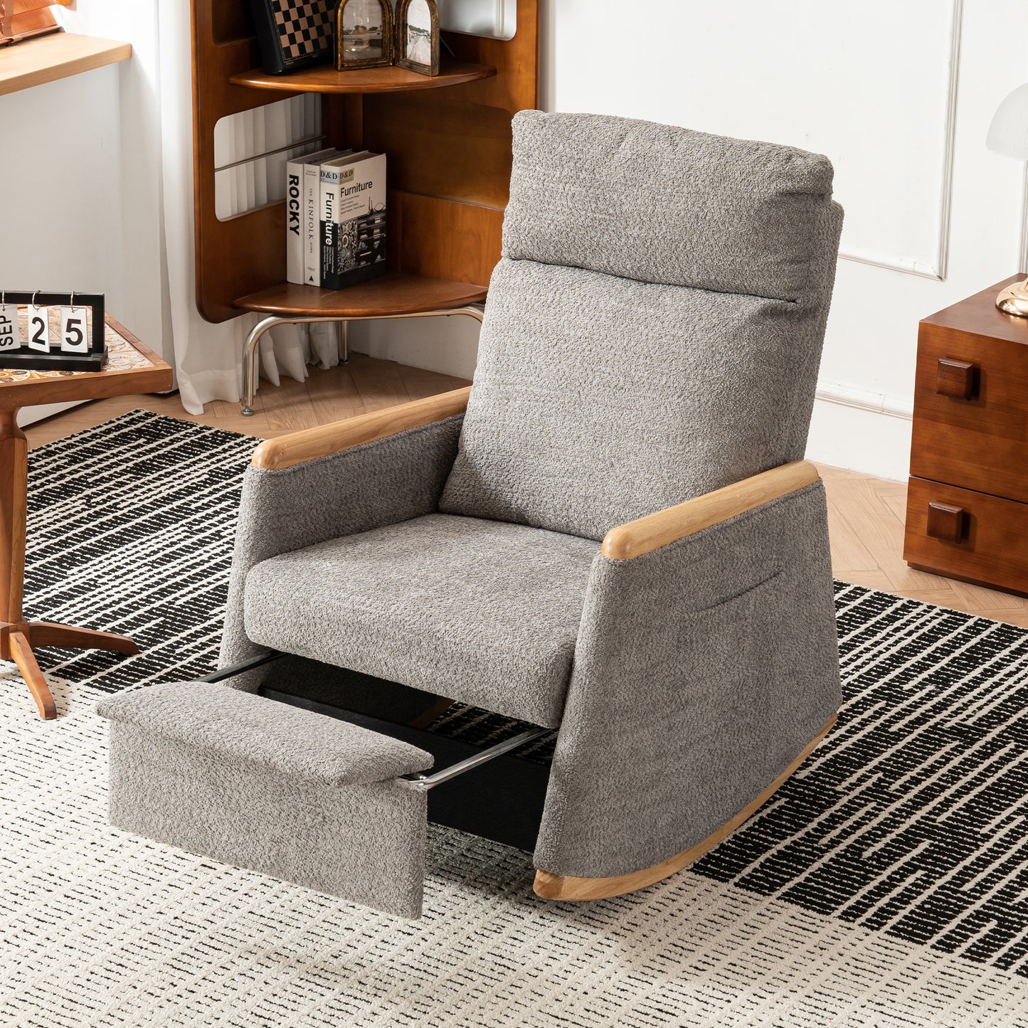 Accent Rocking Chair with Footrest High Back Rubber Wood Rocking Legs Bedroom Living Space 38.6D X 26.8W X 40.6H Inch