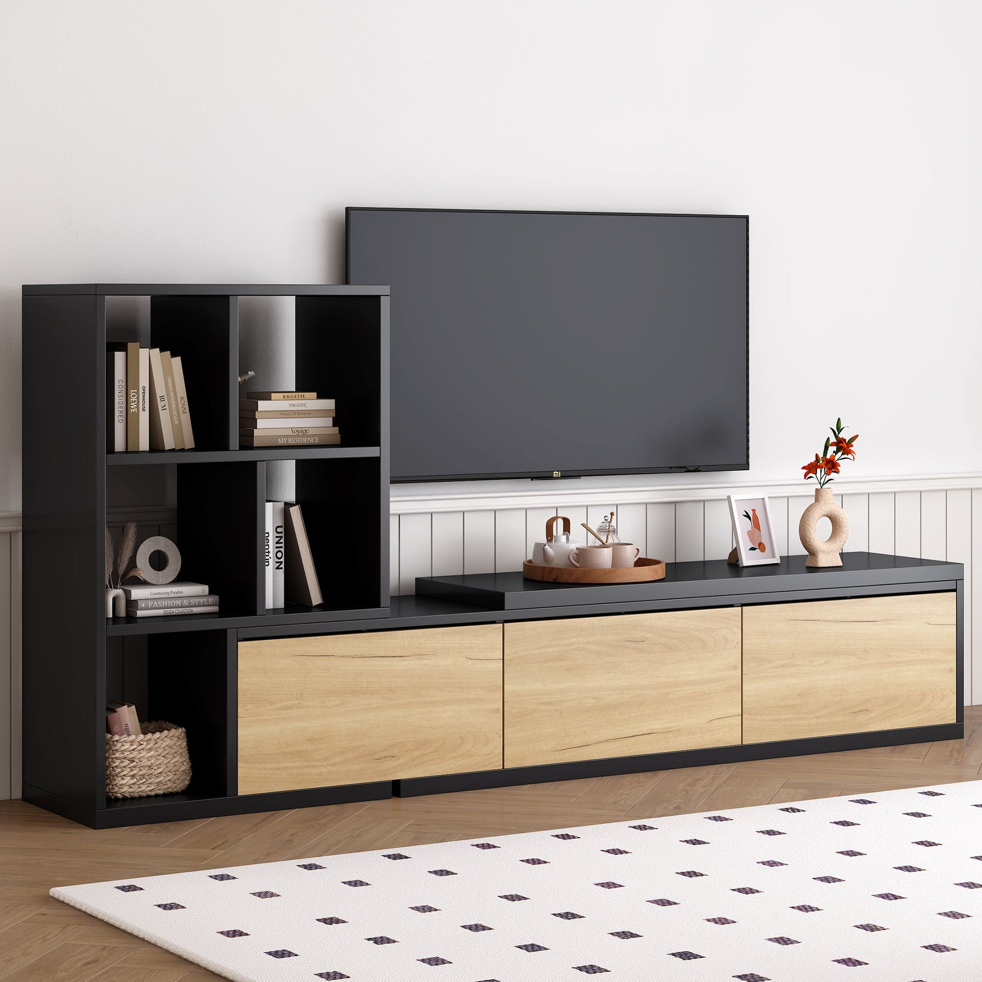 ON-TREND Extendable TV Stand and Coffee Table Set with 3 Tier Bookshelves for Living Room