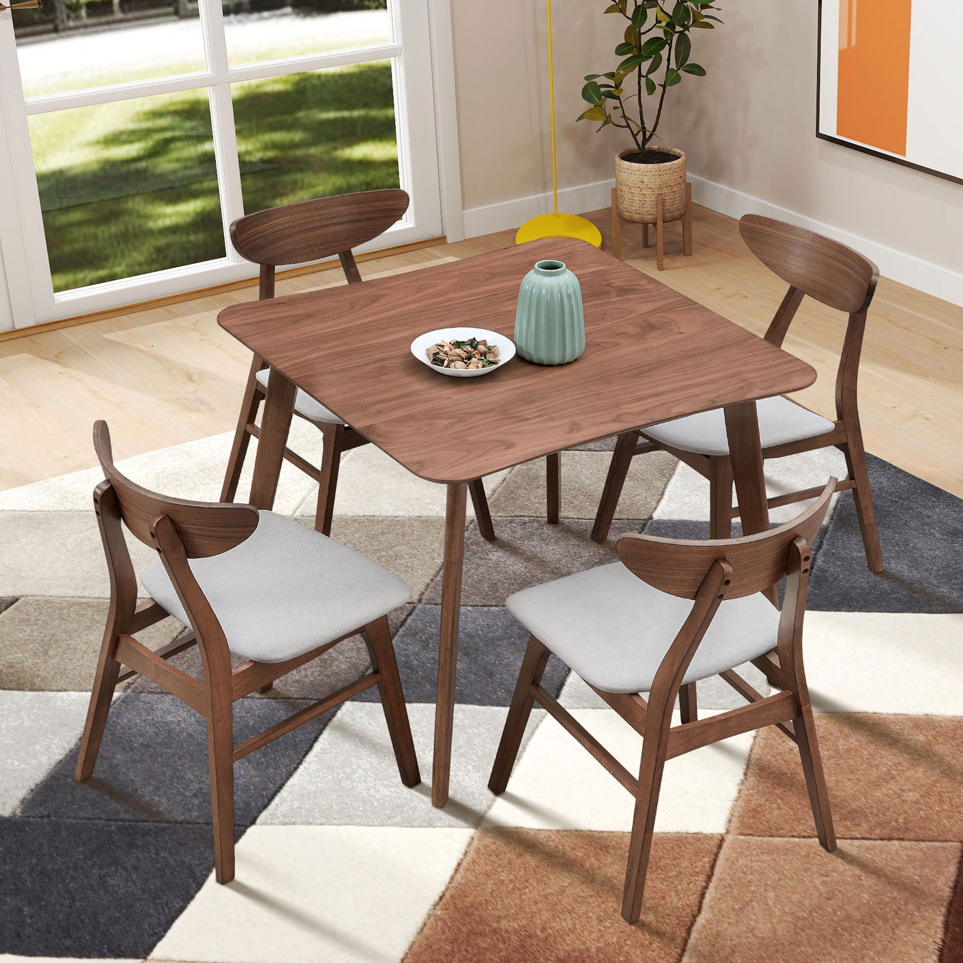 (1 Table with 4 Chairs)Wooden Dining Table Set, Modern Simple Design Square Kitchen Table and Fabric Upholstered Dining Chairs for Dining Room, Kitchen, Saving Space,WALNUT