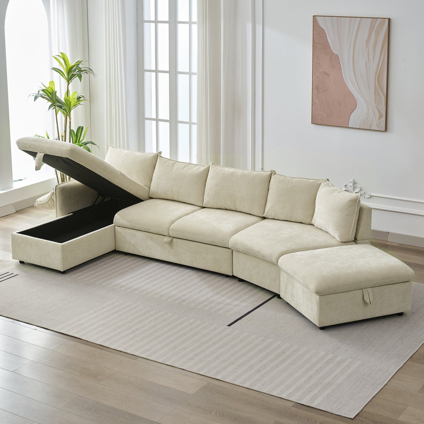 146.9" L-shaped Sofa Sectional Sofa Couch Pull-out Sofa Bed with a Movable Storage Ottoman, a Storage Chaise Lounge and Two USB Ports for Living Room, Beige