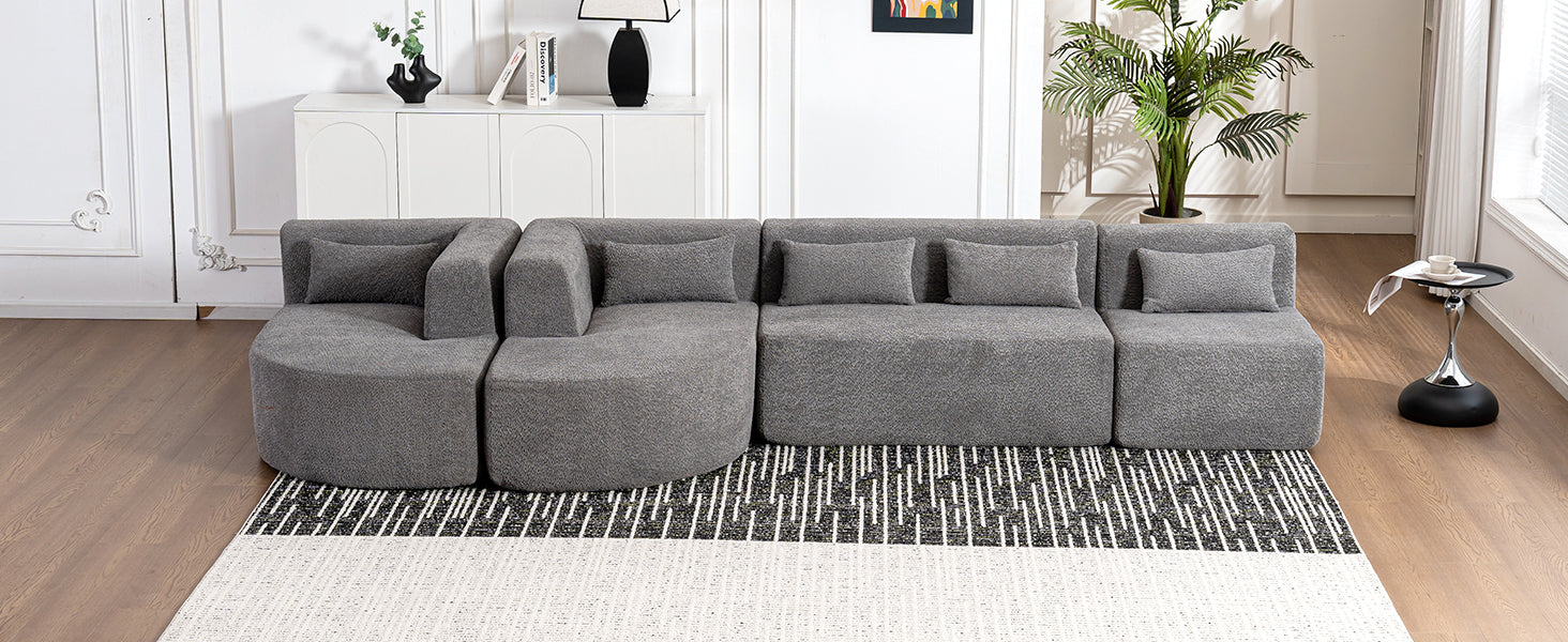 143.7" Upholstered Sofa Free-combined Sofa Couch with Two Chaise Lounge and Five Back Pillows for Living Room, Light Gray