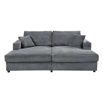 86.5" Oversized Loveseat Chaise Lounge Sectional Sofa Bed Corduroy Sleeper Sofa with Two USB Ports , Two Cup Holders and Two Throw Pillows for Living Room and Bedroom, Dark Gray