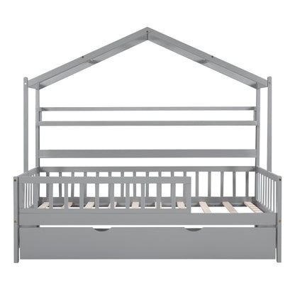 Wooden Twin Size House Bed with Trundle,Kids Bed with Shelf, Gray