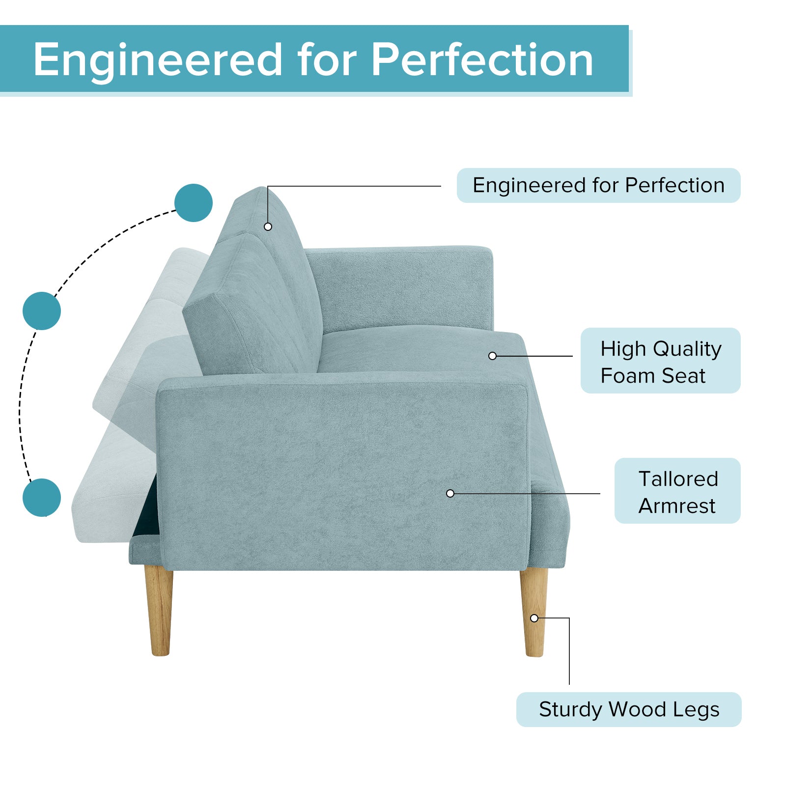 Multi-Functional Futon Sofa Bed :Tapered Wood Legs - Ideal for Small Living Rooms - Multi-Color Fabric Options - Easily Converts to Single Bed ,Blue