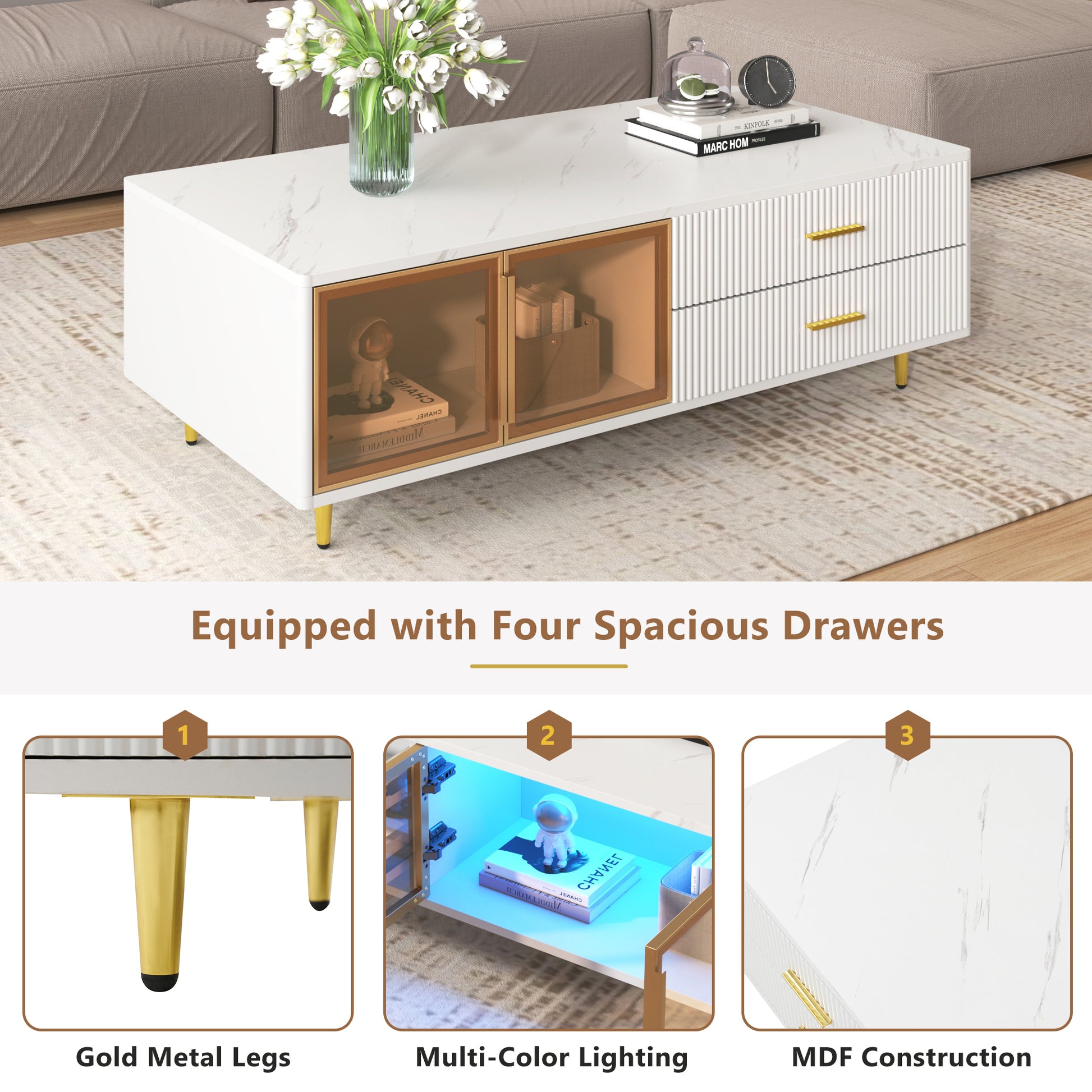 Modern White Coffee Table with 2 Glass Door Storage, 4 Drawers, Gold Metal Legs, and Multi-Color Lighting in 47.2''