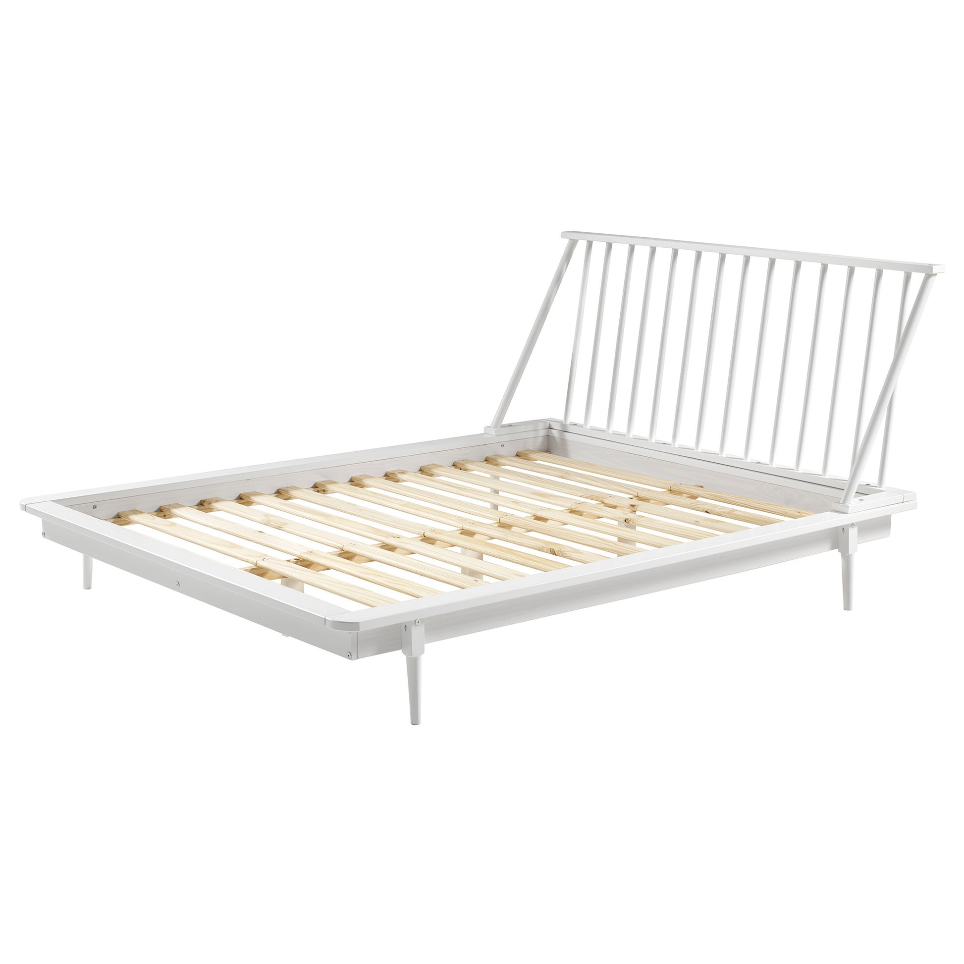 Mid-Century Modern Solid Wood Queen Platform Bed Frame with Spindle Headboard - White