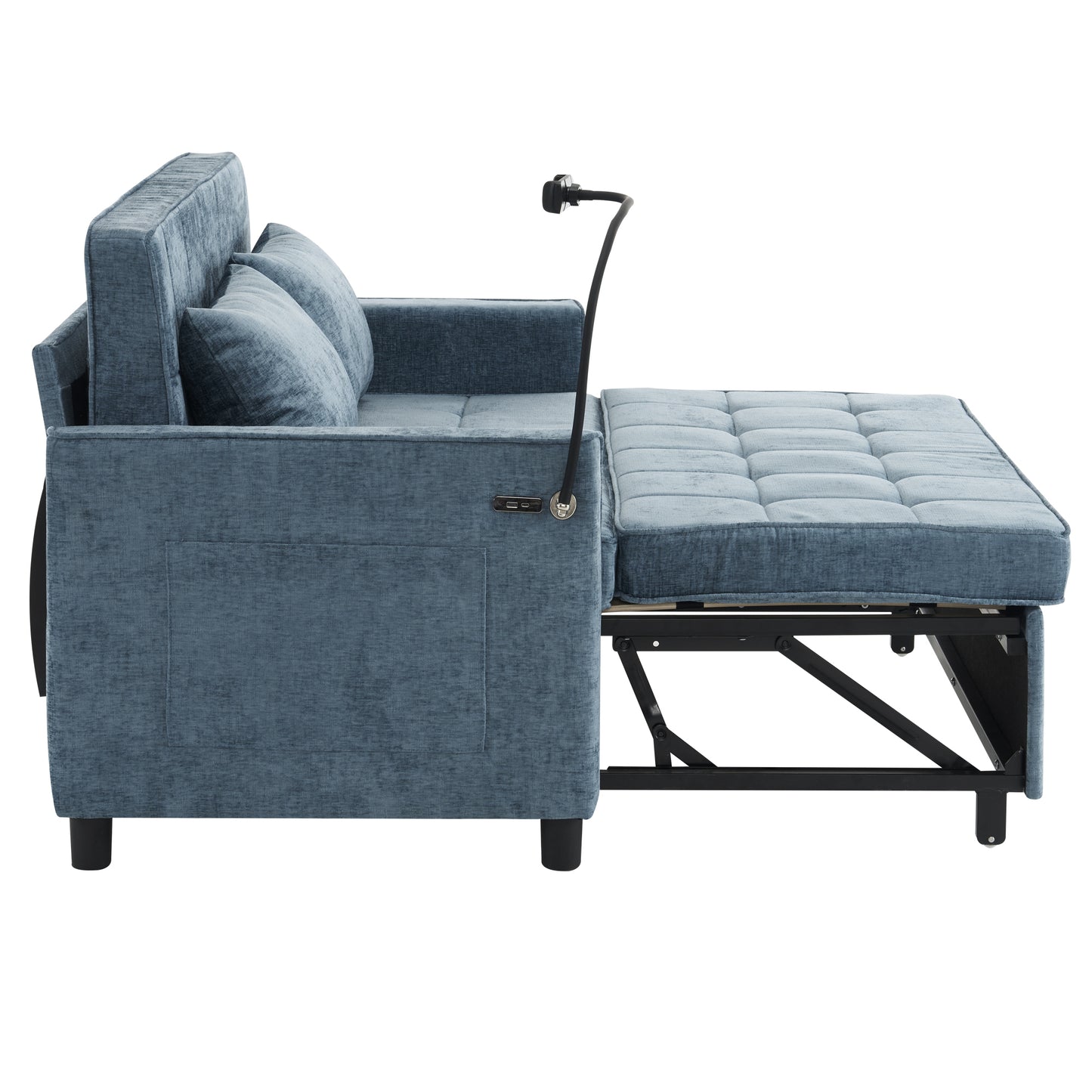 56.9" Loveseat Sofa Pull-out Sofa Bed Sleeper Sofa with a Reversible Backrest Cushion, Side Pockets, Two USB Ports and a Phone Holder for Living Room, Blue