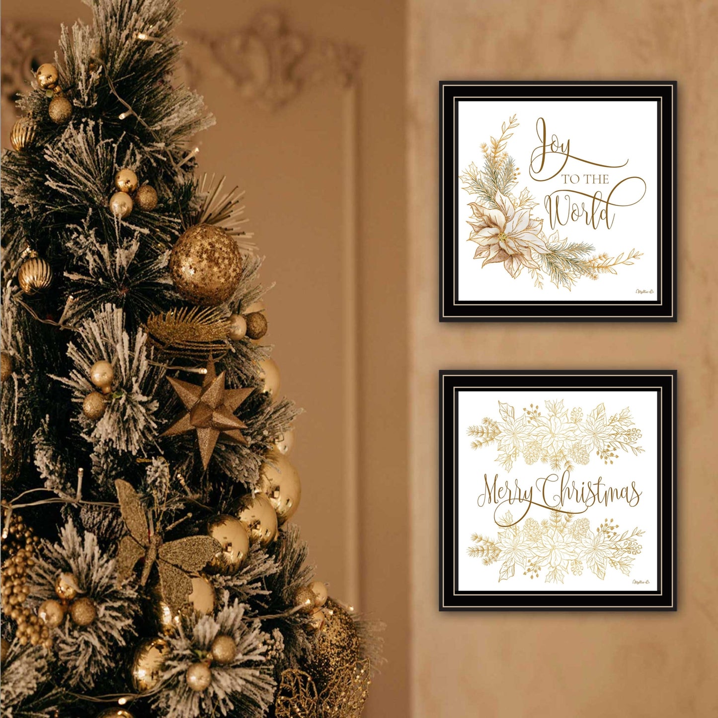 Trendy Decor 4U 2- Piece Vignette Golden Merry Christmas Black Framed Wall Art for Living Room, Bedroom Wall Art Print for Home Decor by Mollie B