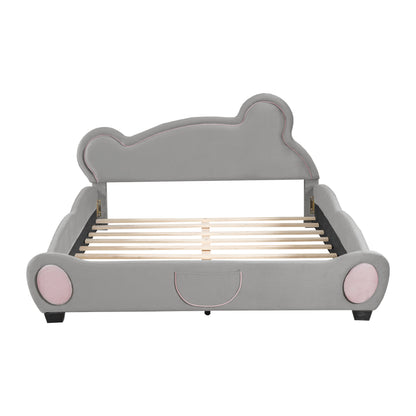 Queen Size Velvet Platform Bed with Bear-Shaped Headboard, with Drawers, with Bed-End Storage Pocket, Gray