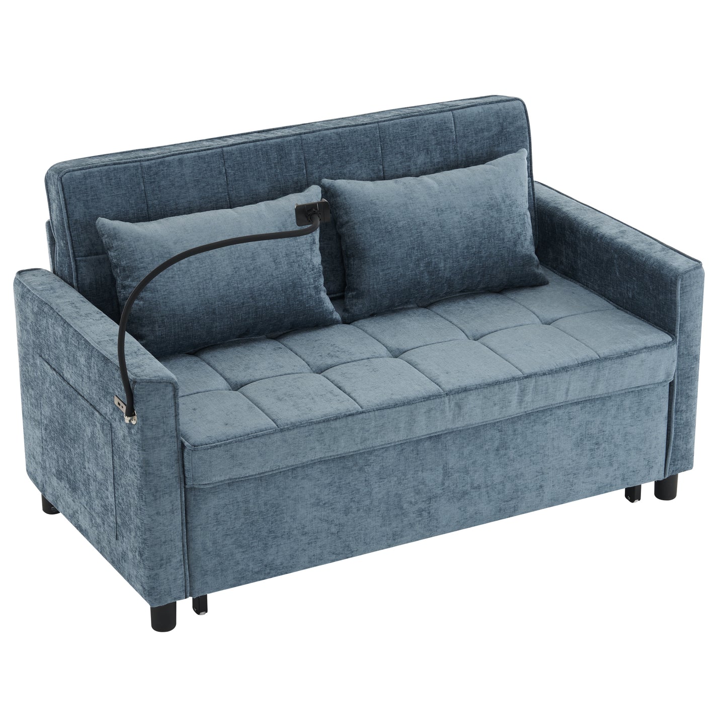 56.9" Loveseat Sofa Pull-out Sofa Bed Sleeper Sofa with a Reversible Backrest Cushion, Side Pockets, Two USB Ports and a Phone Holder for Living Room, Blue