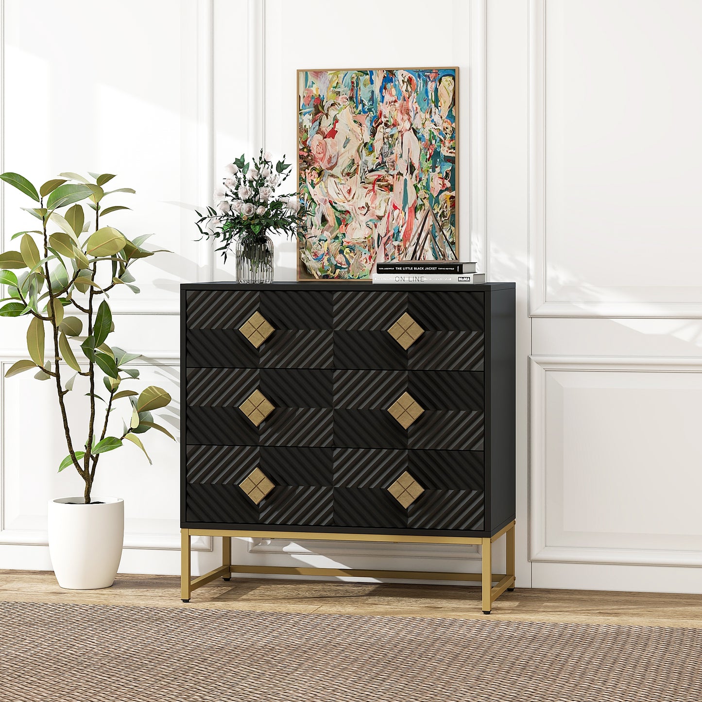 3 Drawer Storage Cabinet,3 Drawer Modern Dresser,  Chest of Drawers With Decorative Embossed Pattern Door for Entryway,Living Room,Bed Room